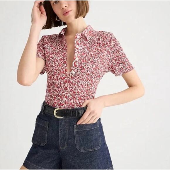 J. Crew X Liberty Fabrics Smocked Button Up Top Women XXS Red Eliza Floral Print - Picture 1 of 14